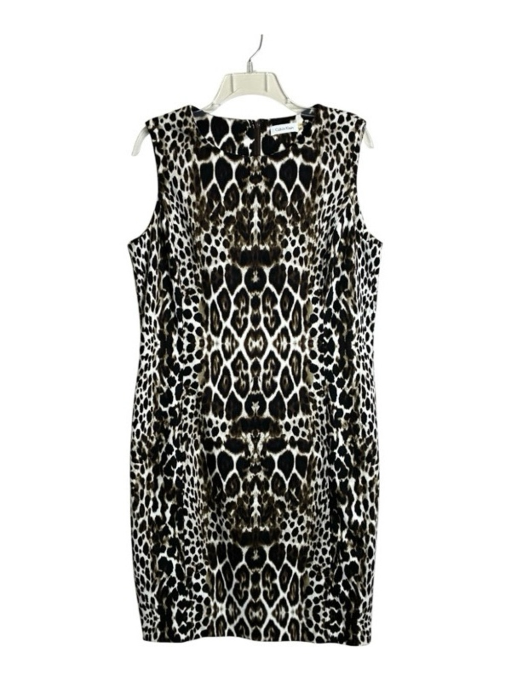 Calvin Klein Leopard Animal Print Back Zip Sleeveless Sheath Dress Size 12
